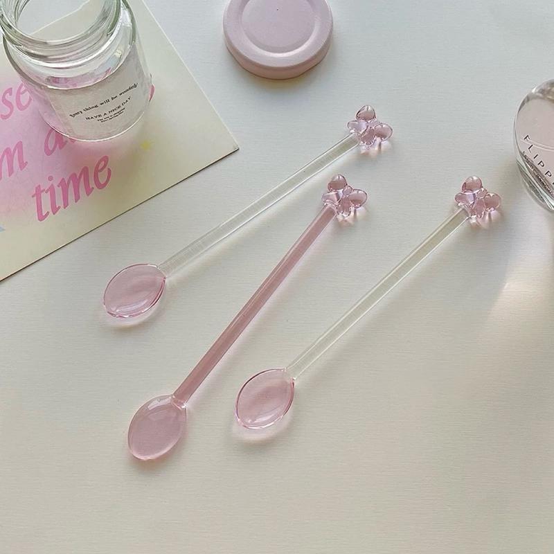 Tea Coffee Utensils - Pink Bow-Adorned Glass Coffee Spoon Heat-Resistant