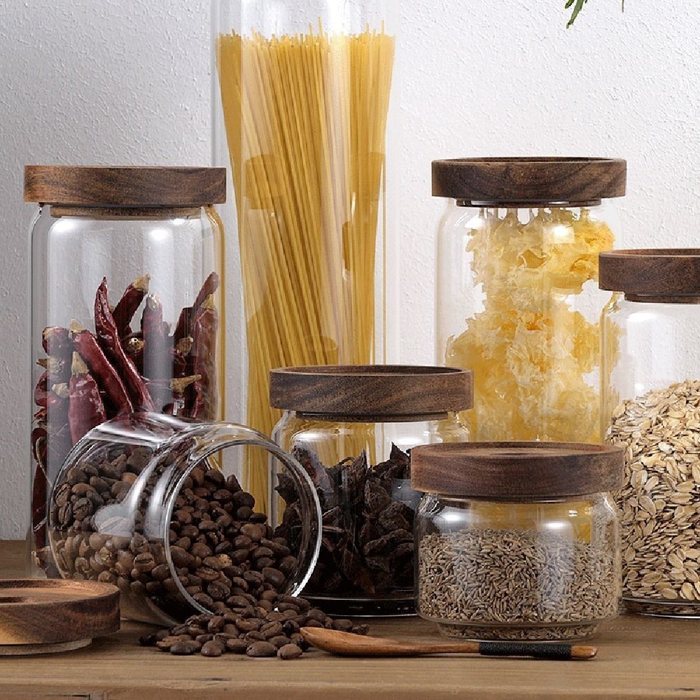 Multi-Use Wooden Lid Glass Foo - Coffee Tea And Sugar Canister Set recension och pris